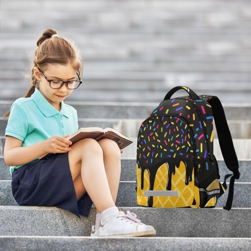 Image of Black Yellow Ice Cream Cute Backpacks with Chest Strap,Lightweight Bookbags 17 Inch, Casual Daypack Bags