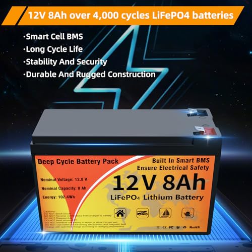 Image of 12V 100Ah 8Ah LiFePO4 Lithium Battery, Smart 100A BMS & Low Temp Cut-Off, 4000-15000 Deep Cycle 10-Year Life Lightweight Replacement Waterproof (12V 8Ah)