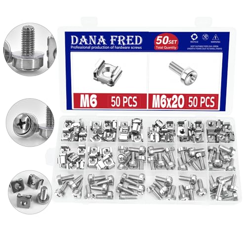 Cage Nut and Mounting Screw Bolts Washers Metric Square Hole Hardware for Rack Mount Server Shelves Cabinets Assortment Kit M6X20mm,50Set