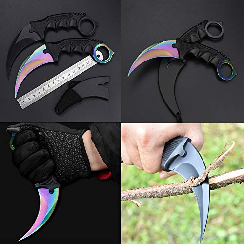 WeTop Karambit Knife, Set of 2, CS-GO for Hunting Camping Fishing Self Defenses and Field Survival, Stainless Steel Fixed Blade Tactical Knife with Sheath and Cord (Black+Rainbow).