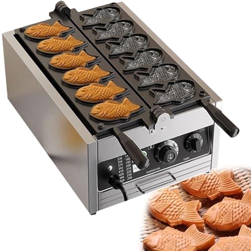 Máquina for hacer gofres de pescado Taiyaki, acero inoxidable, con 6 ranuras for moldes en forma de pez, ajustable a 50-300 ℃, tienda de refrigerios, puesto de comida