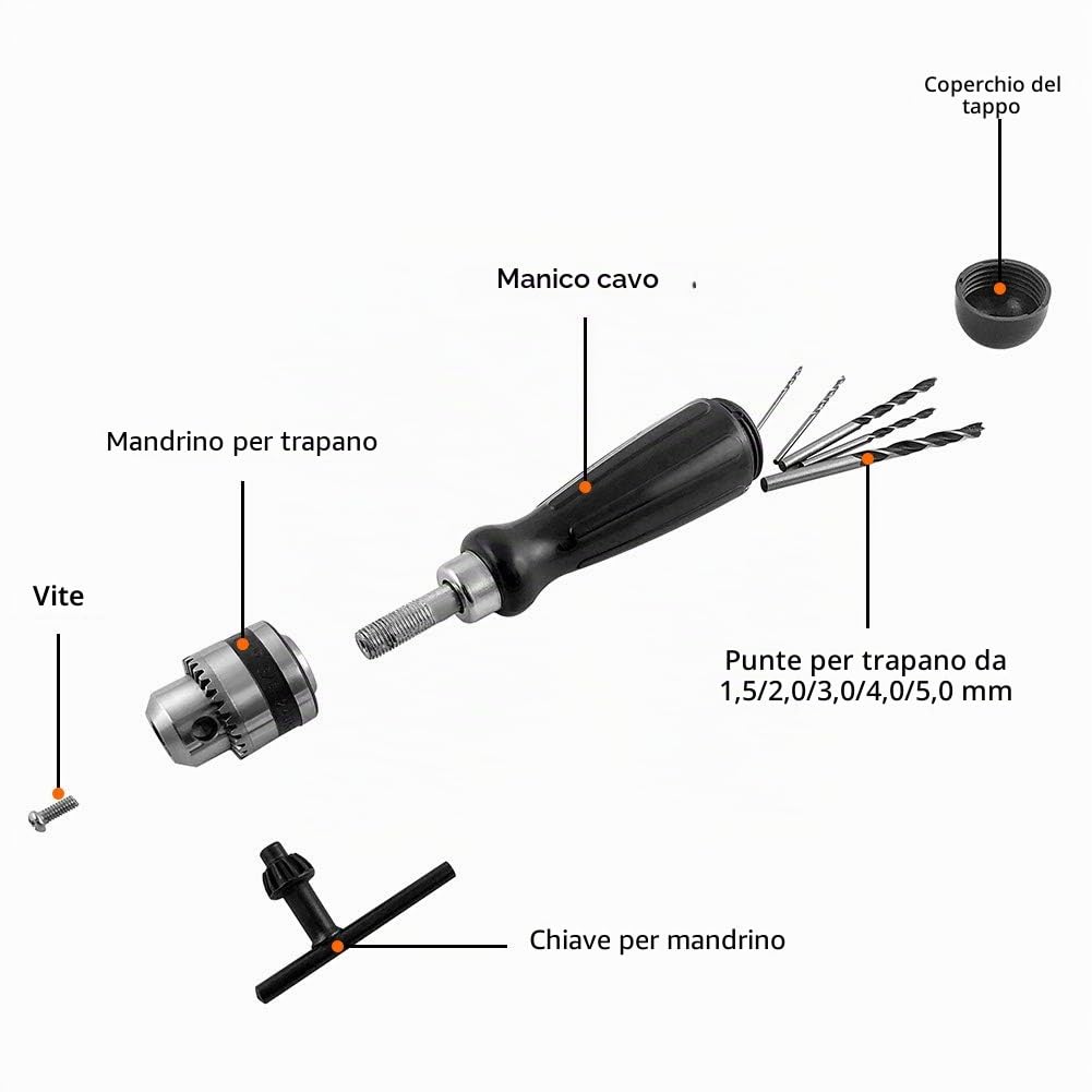 QWORK® Trapano a Mano di Precisione con 5 Mini Punte Trapano Elicoidali (1,5-5mm), Utensili per Foratura per Legno Gioielli Plastica