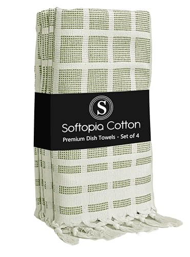 Image of Matrix Dobby Kitchen Towels 4 Pack 100% Cotton, 16x26 Inches, Fast Drying, Absorbent Dish Towels with Handmade Tassels, Reusable Cleaning Cloths for Daily Use - Mint Green, White