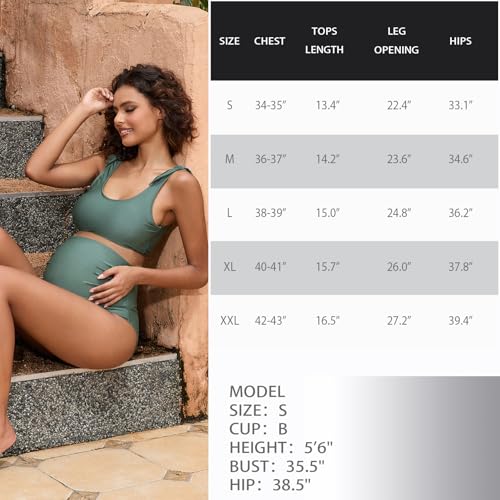 GINKANA Maternity Bikini Set Two Pieces Pregnancy Bathing Suits Shoulder Straps High Waisted Summer Swimwear,Olive,M - Image 7