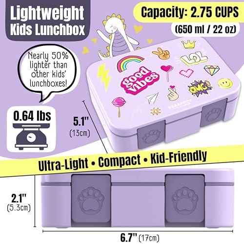 Image of BEARFOOT Kids Lunch Box with Compartments - Compact & Lightweight | Leak-Proof, BPA-Free, Dishwasher Safe | Hand-Drawn Design for Preschool, School, Travel (Sticker Purple, 2.75 Cups)