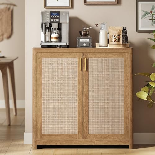Image of VASAGLE ELLAN Collection - Boho Buffet Cabinet with Rattan-Look Doors, Sideboard Storage Cabinet, Rounded Corners, Adjustable Shelf, for Kitchen, Natural Brown UBBK345KC01