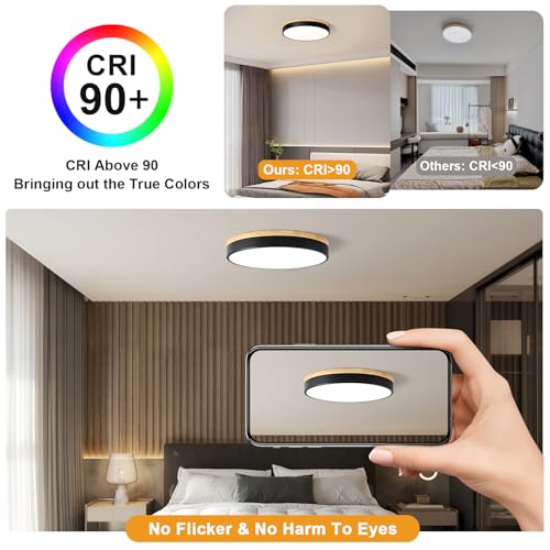 Image of Modern LED Wood Black Round Flush Mount Ceiling Light 15.74 Inch