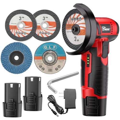 TIKEOL 12V Cordless Angle Grinder 3-Inch Mini Angle Grinder with 19500RPM Pure Copper Motor 2 x 2000mAh Batteries & Grinding Discs Lightweight Cutting Tool for Metal & Wood (RED)