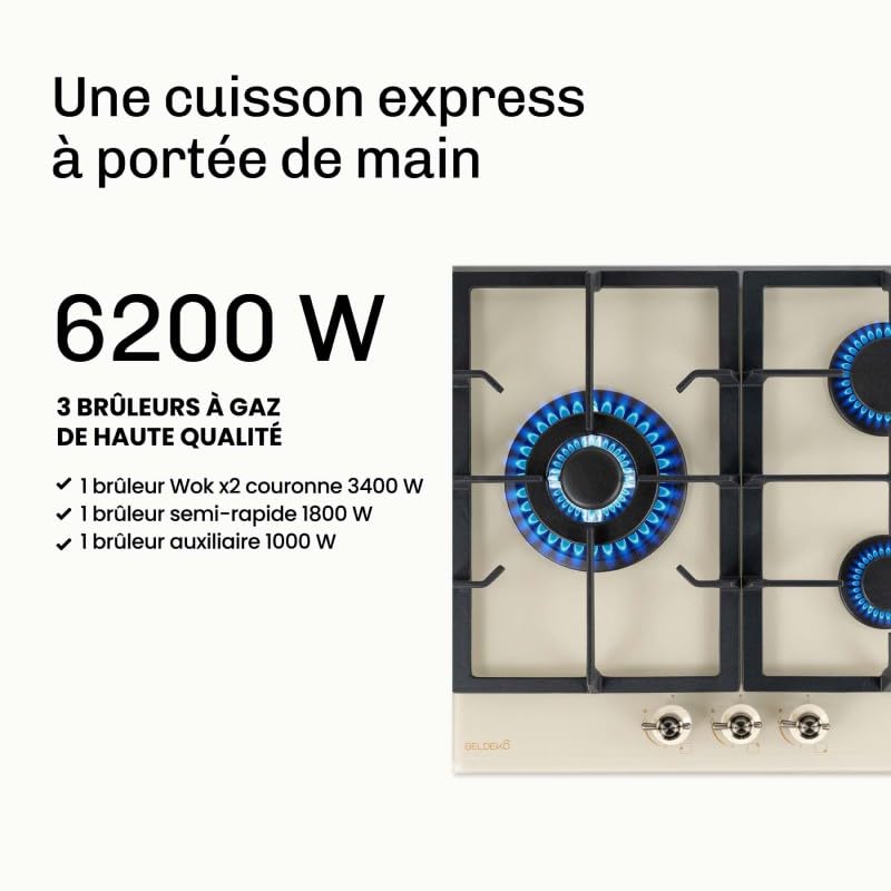 BELDEKO Plaque Gaz 3 Feux 6200W Beige Grilles Fonte - Marque Française
