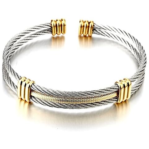 COOLSTEELANDBEYOND Men Women Stainless Steel Twisted Cable Adjustable Cuff Bangle Bracelet Gold Silver Two-tone Cover
