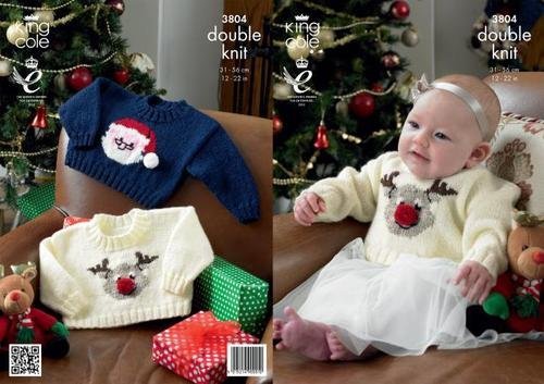 King Cole Knitting Pattern 3804 : Baby/Toddler Christmas Santa and Rudolph the Reindeer Sweaters (12-22in)