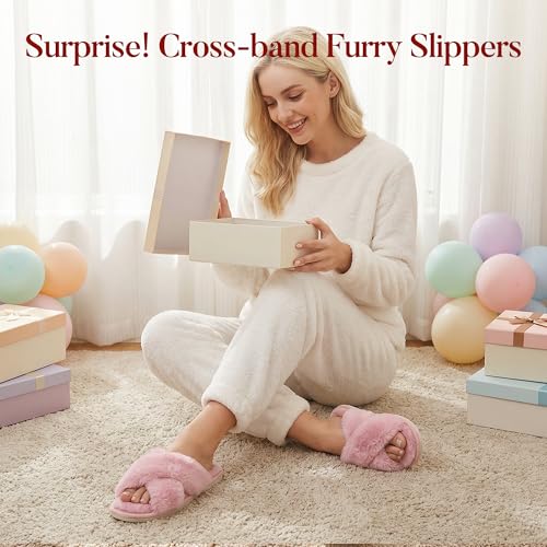 Image of Ankis Women's Fuzzy Slippers Cross Band Memory Foam Open Toe Comfy Soft House Shoes Anti-Slip Indoor Outdoor Gifts for Women