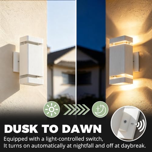 Image of JYV Square Dusk to Dawn Outdoor Wall Lights, Up and Down, White 2 Pack | Aluminum Porch Lights with 2x7W 3000K Bulbs, Waterproof Exterior Lighting Fixtures, for House Porch Garage Patio