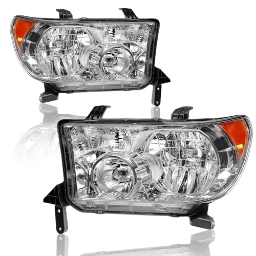 Fullux for 2007-2013 Toyota Tundra Headlights Assembly Compatible with 2008-2017 Toyota Sequoia 2 Headlamps Chrome Housing Amber Reflector