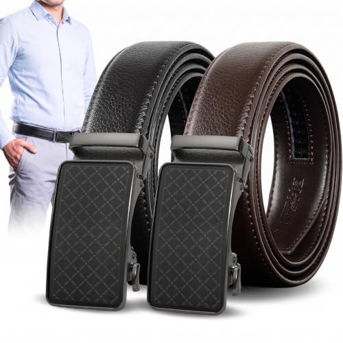 Image of Men Ratchet Belt Leather 2 Pack,Adjustable Click Dress Belt For Gift | 1 3 /8 inch Ratcheting Belt, Holeless Design, 1 /5 inch Micro-Adjustments, Trim to Fit, Easy One-Hand Release, 2-Pack with Gift Box
