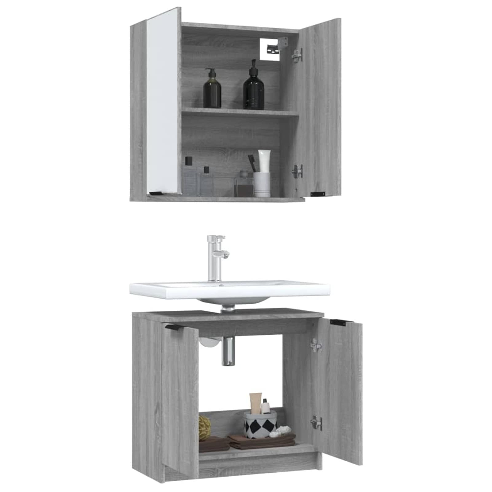 Homgoday Arredo Bagno Completo, Mobile Bagno Completo Moderno, Credenza Armadio da Pavimento per Bagno Mobiletto, Set Mobili da Bagno 2 pz Grigio Sonoma in Legno Multistrato Model3115866