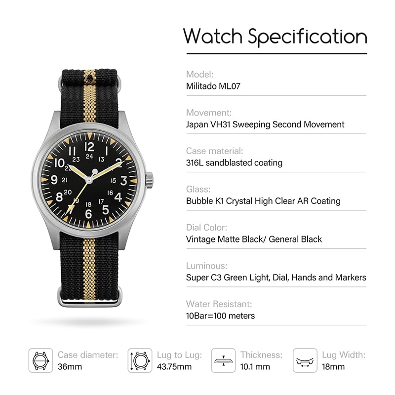Image of TACTICAL FROG Militado ML07 36mm Field Watch, Japan VH31 Sweep Seconds or 2035 Movt, Men's Military Watch 10 ATM Waterproof Analog Watches for Men and Women Unisex Wristwatch