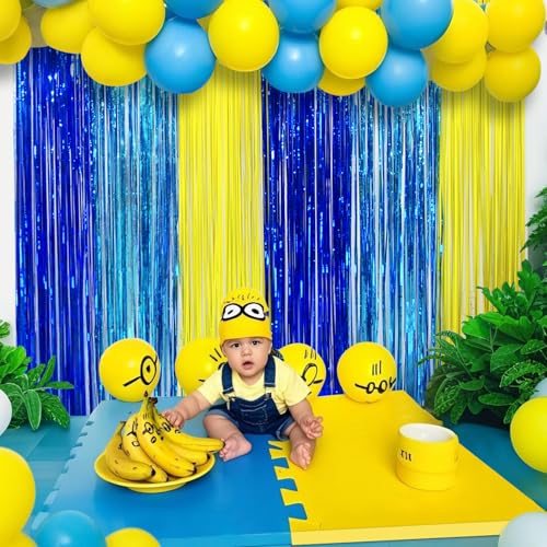 Image of Yellow Jeans Cartoon Themed Birthday Party Decoration, 4 Pack Big Eyes Party Photo Booth Prop, Yellow Jeans Fringe Curtains Tinsel Photo Streamers Backdrop for Cartoon Party Supplies