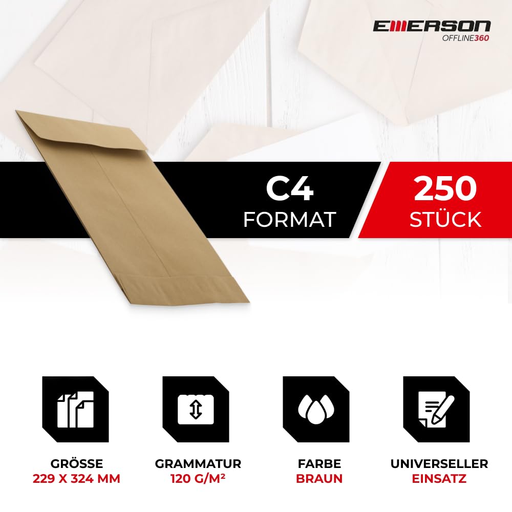 Emerson 250x Versandtasche DIN C4 Braun 324x230x40 120g RBD große Briefumschläge ohne Fenster gerade Klappe Haftklebung Umschläge Maxibrief A4 Briefkuverts Großbrief Kuverts envelope big