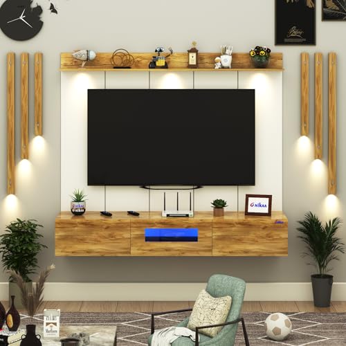 Image of Anikaa LucenPro Engineered Wood Wall Mount TV Unit with PVC Back Panel, Acrylic Blue LED Storage Box, Side Wooden Accent Spot Light Panels I Deal for Up to 50 Inch TV (Giantwood - DIY Installation)