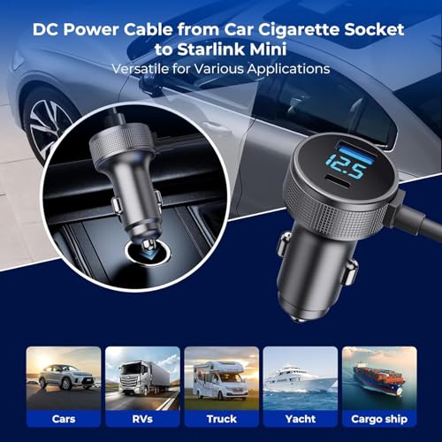 Image of Starlink Mini Cable, 3 in 1 Starlink Mini Car Charger DC Power Cable+ Cigarette Lighter Adapter 12V-48V with Digital Display, Durable USB C PD 40W and USB A 35W Ports for Trucks and Cars (16.4FT)