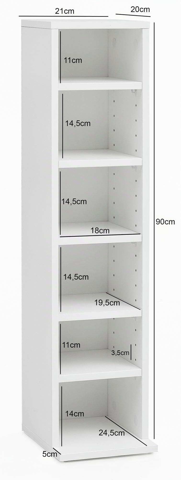 FineBuy CD-Regal 21x20x90 cm mit 6 Fächern, Standregal Schmal | Aufbewahrung für CDs und DVDs, offenes Nischenregal, Bücherregal für Wohnzimmer und Jugendzimmer, puristisch