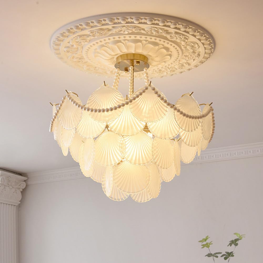 Lámpara de araña de Cristal Esmerilado Dorado de 20" - Diseño Art Déco de Perlas y Conchas Marinas, lámpara de Techo semiempotrada Grande de 4 Niveles, Estilo nórdico Moderno, Colgante para