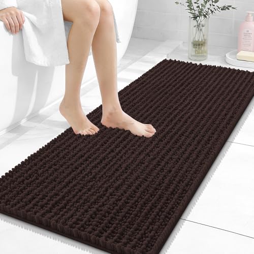 Image of OLANLY Long Bathroom Rugs Runner 47x20, Thick Soft and Absorbent Chenille Bath Mat, Non-Slip, Machine Washable Quick Dry Bath Rugs for Tub Shower Floor, Home Decor Accessories, Brown