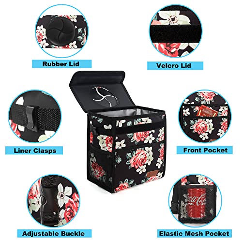 Image of Femuar Car Trash Can Leak Proof Car Trash Bag Waterproof Car Garbage Can with Lid Collapsible and Portable with Storage Pocket, Large /Flower, 3 Gallons