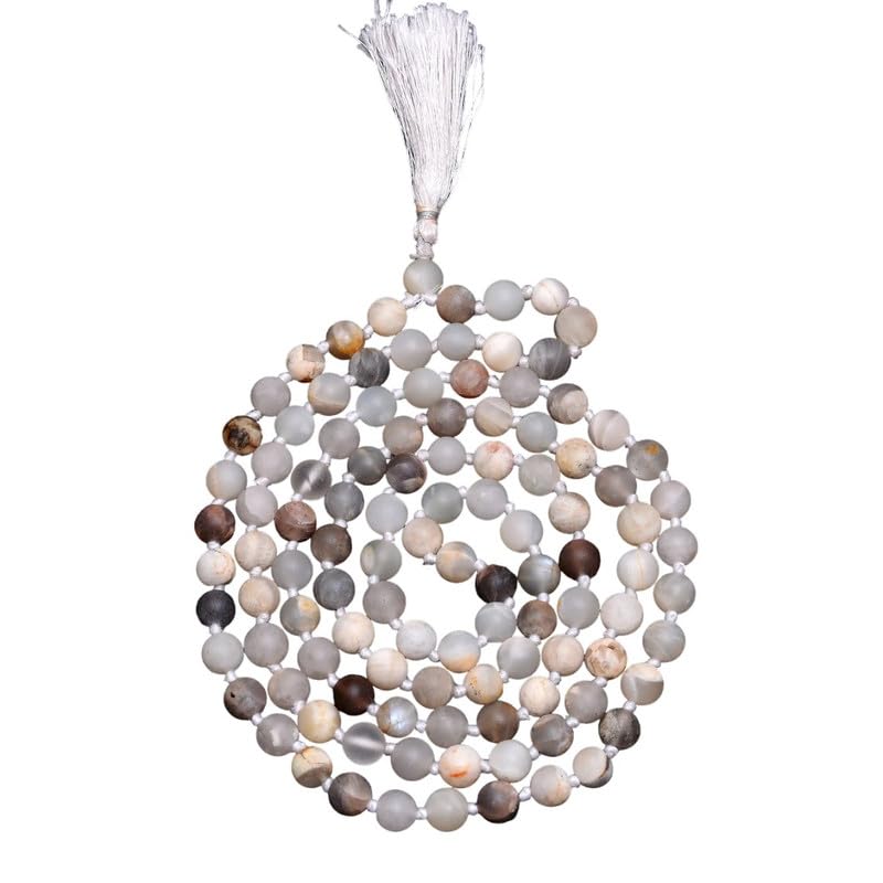 Collier Mala en Pierre de Lune AAA, 108 Perles de 8mm Nouées Main pour la Méditation