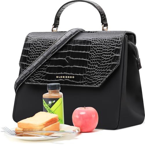 GLORIEROO Lunch Box Tote Women - Fashion Stylish Vegan Leather Insulated Lunch Bag with Removable Strap for Work - Teacher Mothers Day Christmas Gifts for Women