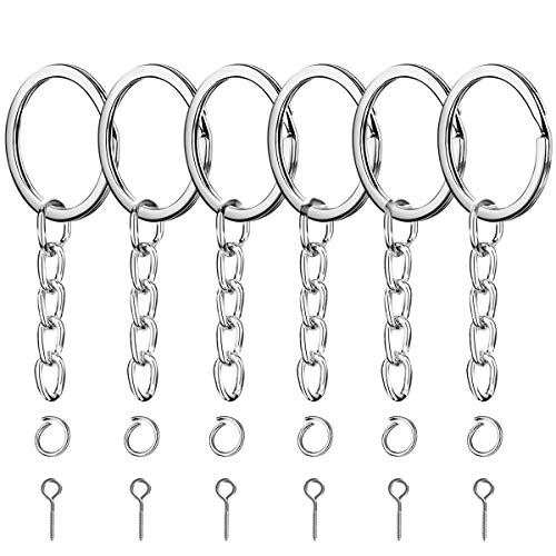 100 Set Keychain Rings with Chain Screw, 100pcs Flat Metal Key Rings with Chains 100pcs Jump Rings and 100pcs Screw Eye Pins Bulk for Crafts Making Jewelry (0.85 inches/21mm Silver)