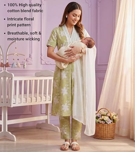 Image of DUMMY SHAPE Maternity Dresses for Women Cotton | Floral Kurta Pant Dupatta Set with Nursing Zippers, Side Pocket | Pre & Post Pregnancy | Feeding Kurti Suit | Baby Shower | Gifts for Pregnant Woman