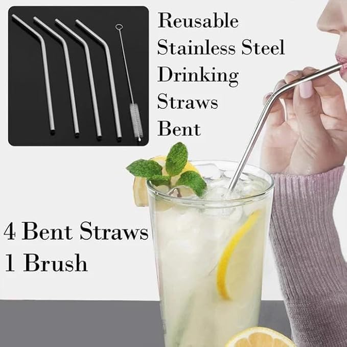 Reusable Stainless Steel Straws for Drinking with Brushes 8.5 Inches BPA-Free Metal, Thick, Long (2 Bent + 2 Straight +1 Brush) 4 Product Image