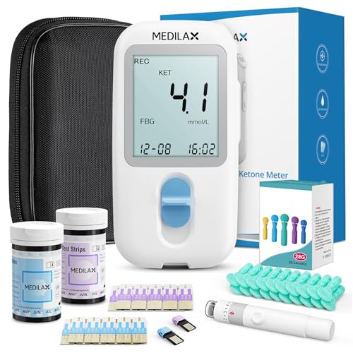 Medilax Ketone Monitor and Glucose Meter Kit - Dual Blood Sugar and Ketone Test Meter Kit with 10 Ketone Test Strips, 10 Glucose Test Strips, Lancets & Lancing Device, Strip Calibration Needed