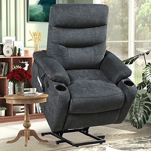 PUG258Y Power Lift Chair for Elderly: 9968 High Density Foam Lift Electric Recliner with Heat and Massage, Reclining to 170, 1 Remote Control, OKIN Motor - Dark Grey