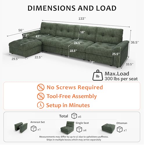 Image of Oversized Modular Sectional Sofa with Storage, Modern Deep Seat Cloud Couch for Living Room, L-Shaped Large Sectional Couch, 4 Seater, Green