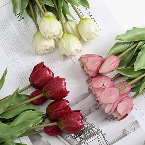 Image of DILATATA 6 Pcs Artificial Tulips Flowers Pink Real Touch Fake Latex Tulips Flowers for Mother's Day 14 inch Faux Tulips Faux Flowers for Vase Centerpieces Home Wedding Bouquet