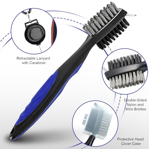3 Pcs Golf Club Brush Groove Cleaner Double Sided Nylon and Steel Wire Multipack Golf Iron Cleaner with 2 Ft Retractable Extended Cord - Image 3