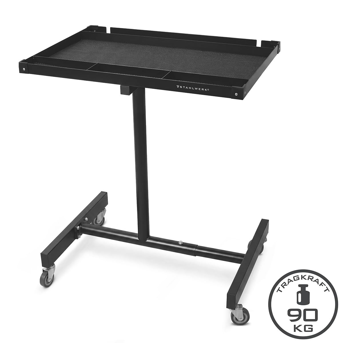 STAHLWERK Mesa de trabajo regulable en altura de 87,3 a 125 cm, capacidad de carga de 90 kg | Banco de trabajo móvil con 4 ruedas giratorias, garaje, taller, bricolaje