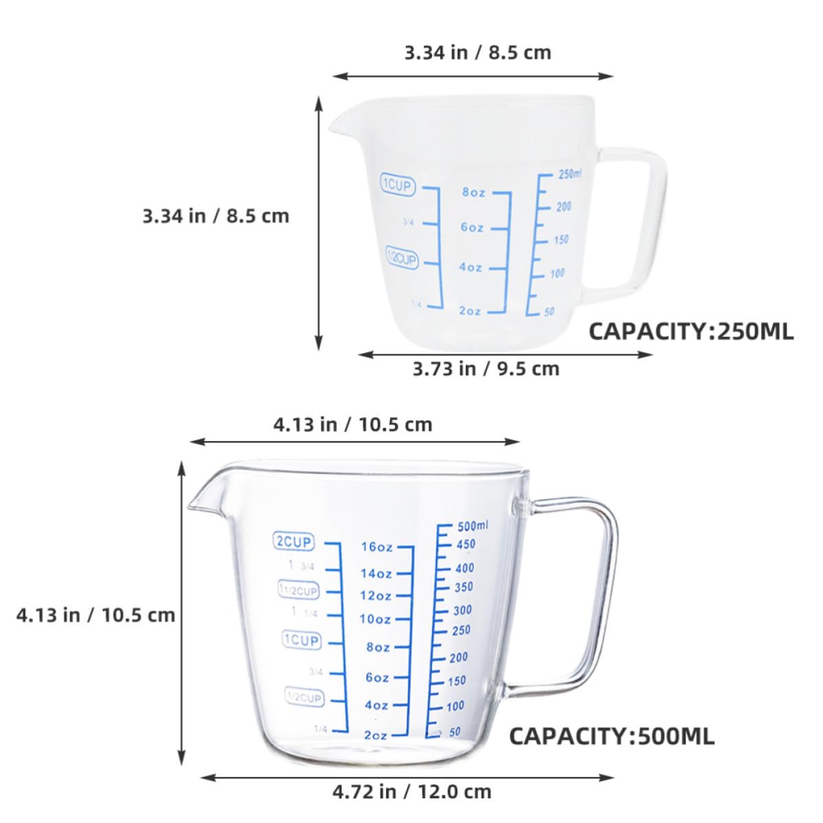VALICLUD 3 Piezas Taza Vidrio y Medidora de Asa 500ml 250ml con Líquidos | Graduación Visible, Fácil de Llevar y Guardar, Uso en Cocina