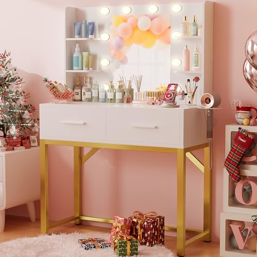 Image of Furmax Vanity Desk with Mirror and Light Bulb, Small Makeup Vanity Table with Drawers, Dressing Table with Power Outlet and Hair Dryer Holder for Bedroom (White & Gold)