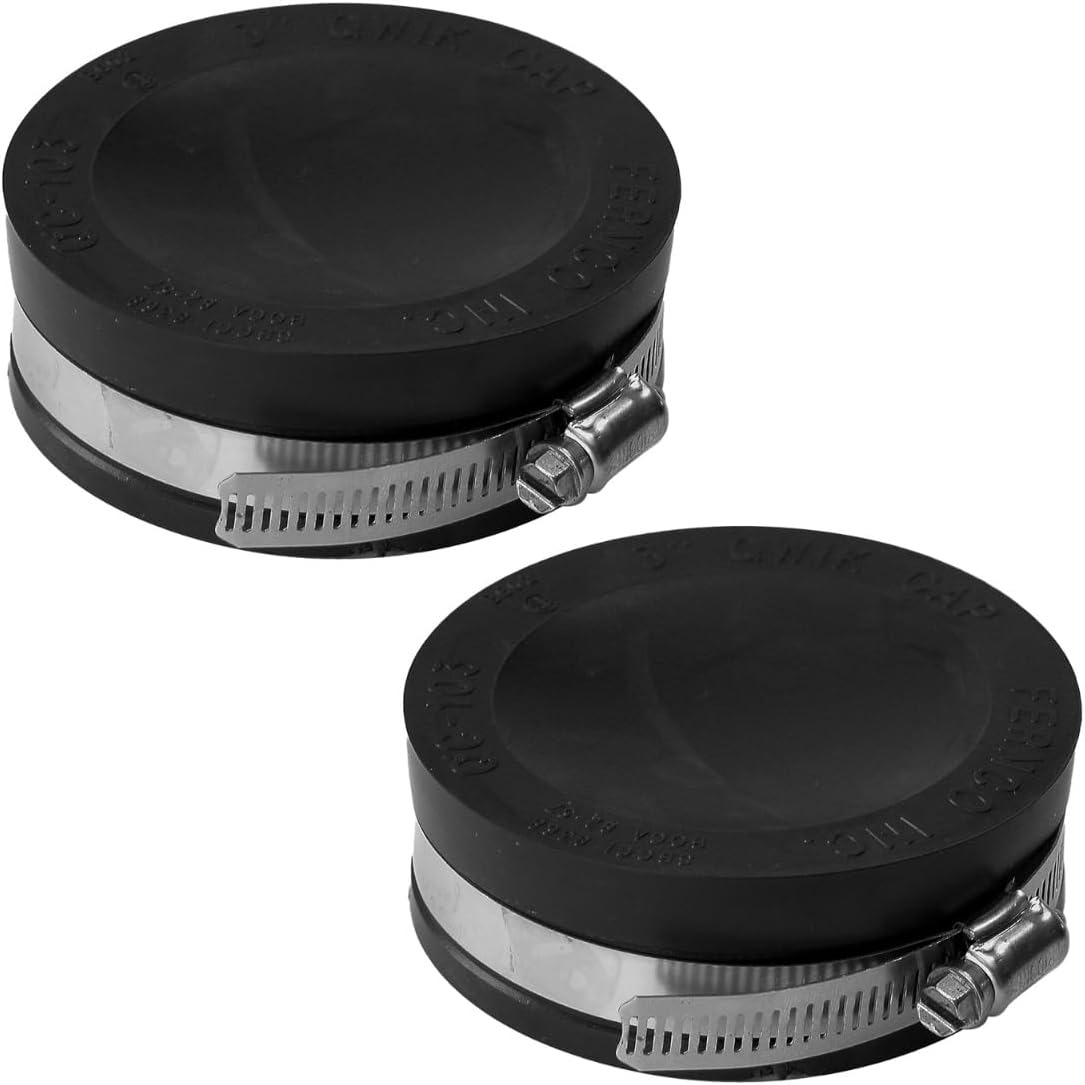 Fernco QC-103 2 Pack 3-in. Qwik Cap Flexible PVC Pipe Cap with Stainless Steel Clamps, Black