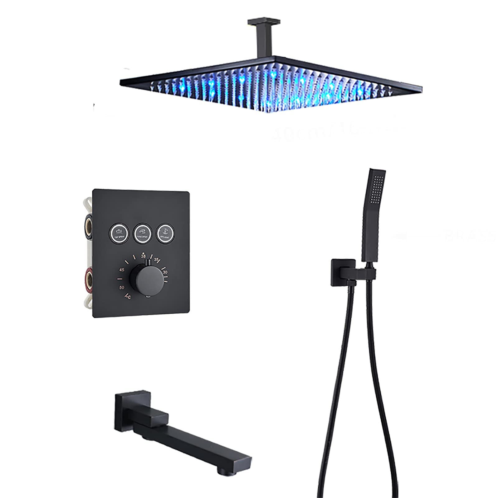 AYCDL Thermostatic Matte Black Shower Combo Set Ceiling Mounted Bathroom Shower Faucet Set with Led Shower Head, Handheld Shower, Swivel Tub Spout,16 Inches,16 Inches,size_name-16 Inches