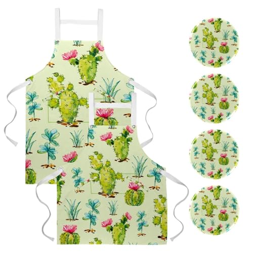 Tablier de cuisine multicolore One Large avec motif cactus vert et 4 broches