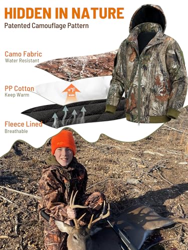 NEW VIEW Kids Camo Hunting Clothes Silent, Youth Hunting Jacket & Pants for Cold Winter, Camouflage Hunting Coat for Boys & Girls (leaf-S)2