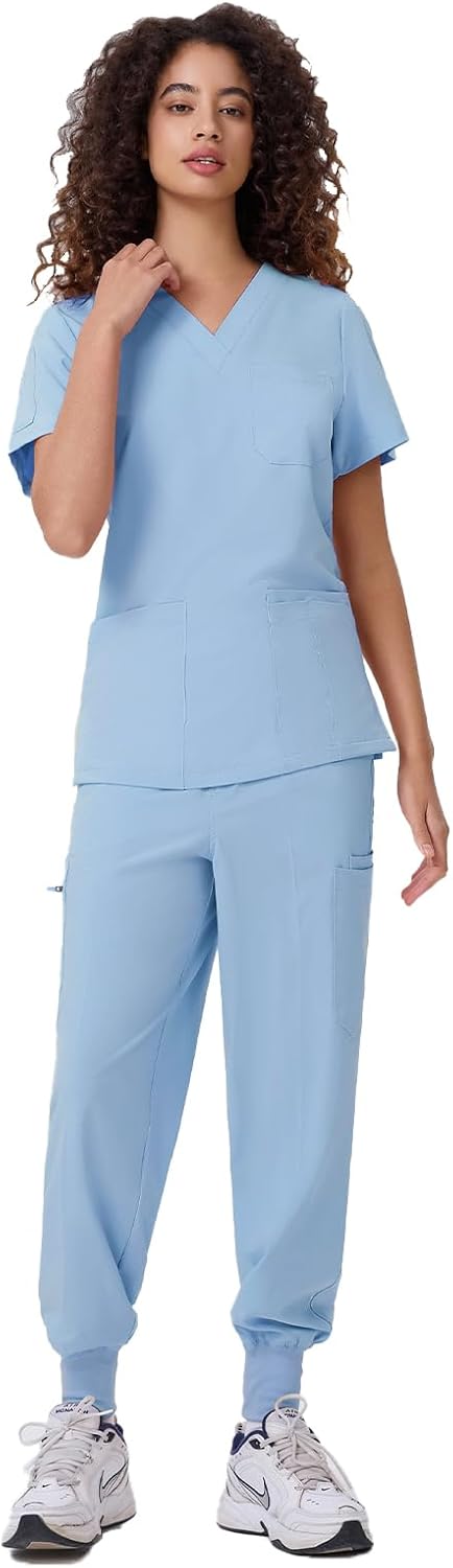 ANGEL GUARD Scrubs for Women Set - 13 Pockets, Water-Resistant Thick Fabric, V-Neck Top & Jogger Pants Medical Uniform