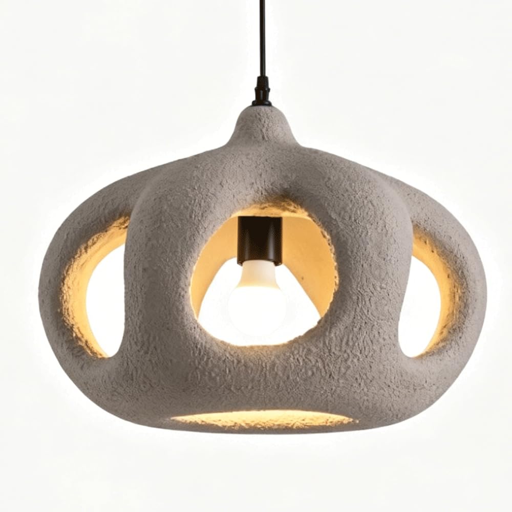 ESIYUVO 15.7in Retro Industrial Pendant Light Hollow Rock Shaped Hanging Lamp High-Density Polystyrene Metal Lighting Fixture 47.2in Adjustable Cord Single Head Chandelier E27 for Bedside Guesthouse