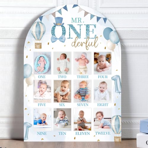 Mr. Onederful First Year Photo Board First Year Birthday Party Decor Wooden Board 12 Monthly Milestone Picture Frame Onederful 1st Birthday Banner for Baby Boy Keepsake Gift Supply (Fit 2x2.8in Pic)