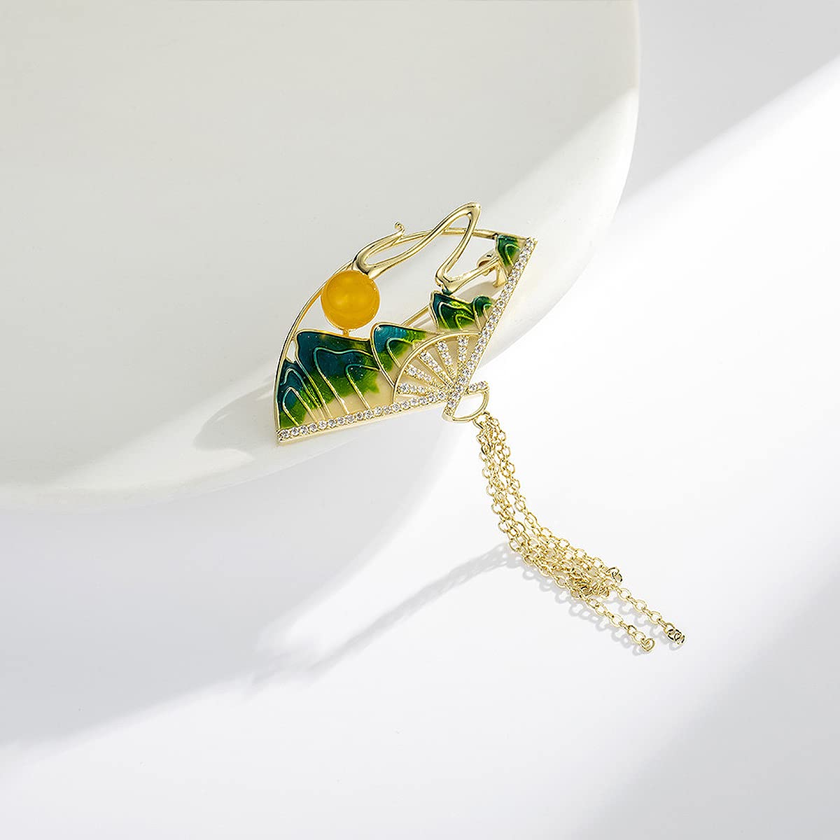 Brosche Pins für Frauen Mode Fan Form Pin grüne Emaille chinesischen Stil Brosche Brosche Schmuck mit Kette, Messing, Zirkonia